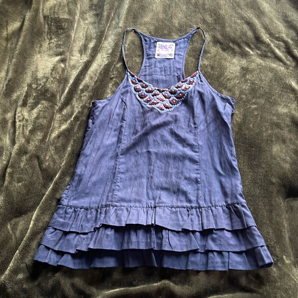 Free people navy blue tank top embroidered festival ruffle boho cotton casual